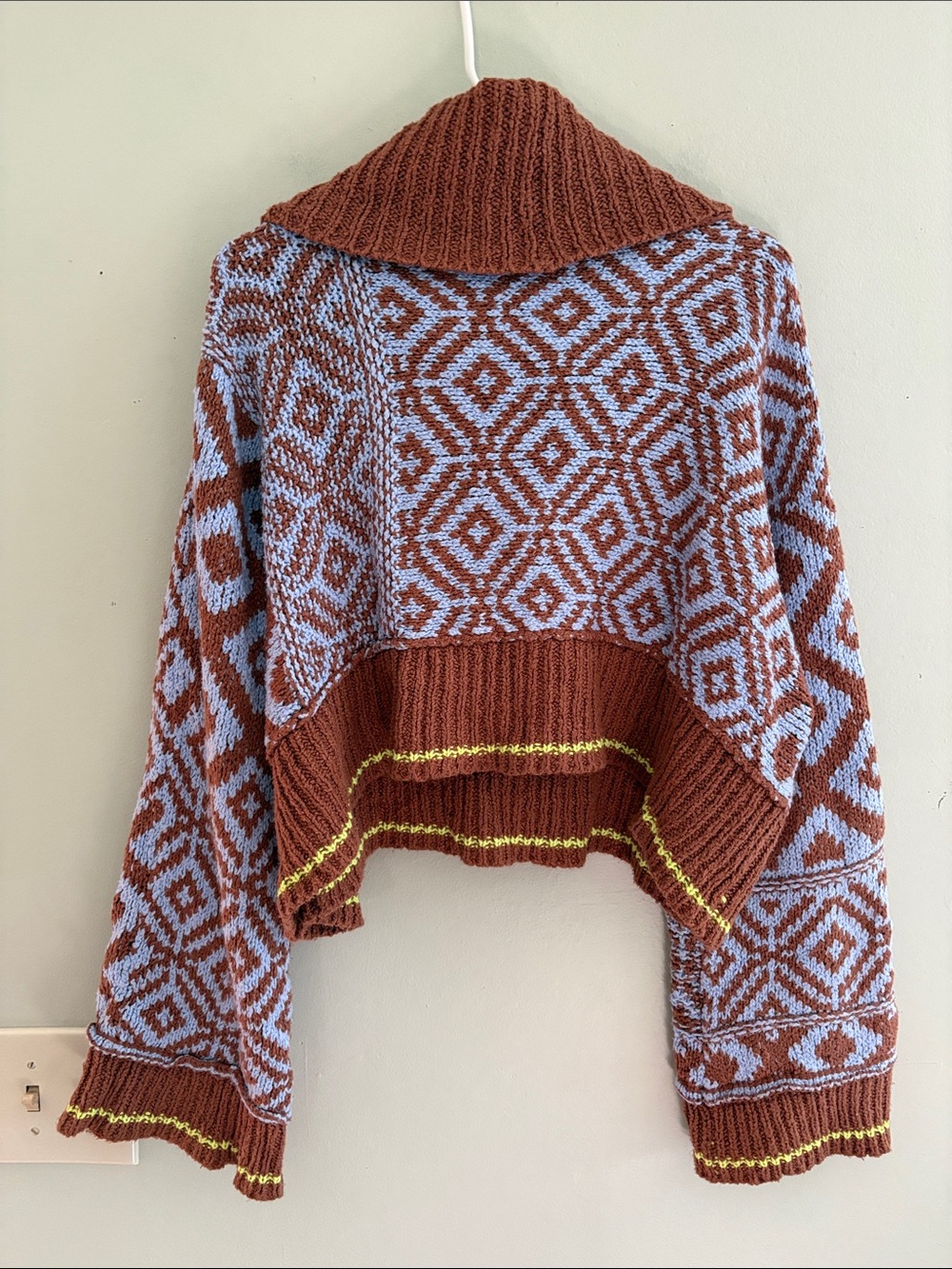 Free People Jupiter Geometric Cowl Neck Sweater — Rust and Light Blue M - Picture 4 of 4